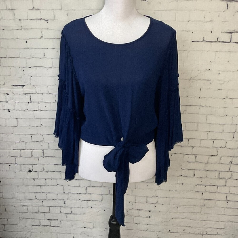 Band Of Gypsies Women Navy Crop Top Long Flutter Sleeve Tie Waist‎ Blouse…